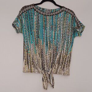 Women's JM Collection Front Tie Tribal Turquoise Blue Blouse Size Petite Small